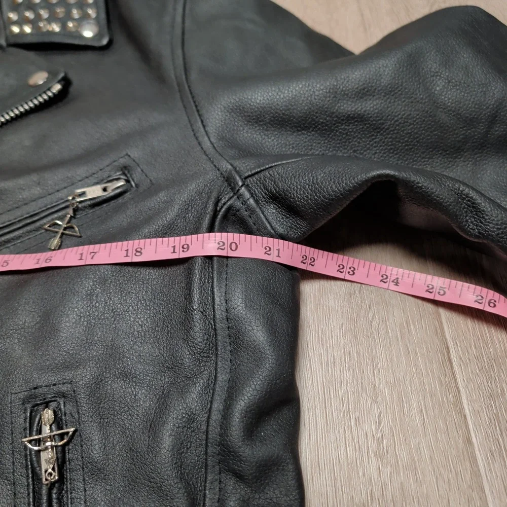 Reclaimed Vintage Studded Leather Biker Jacket Womens L Black Star Crossed Moto - Picture 10 of 11